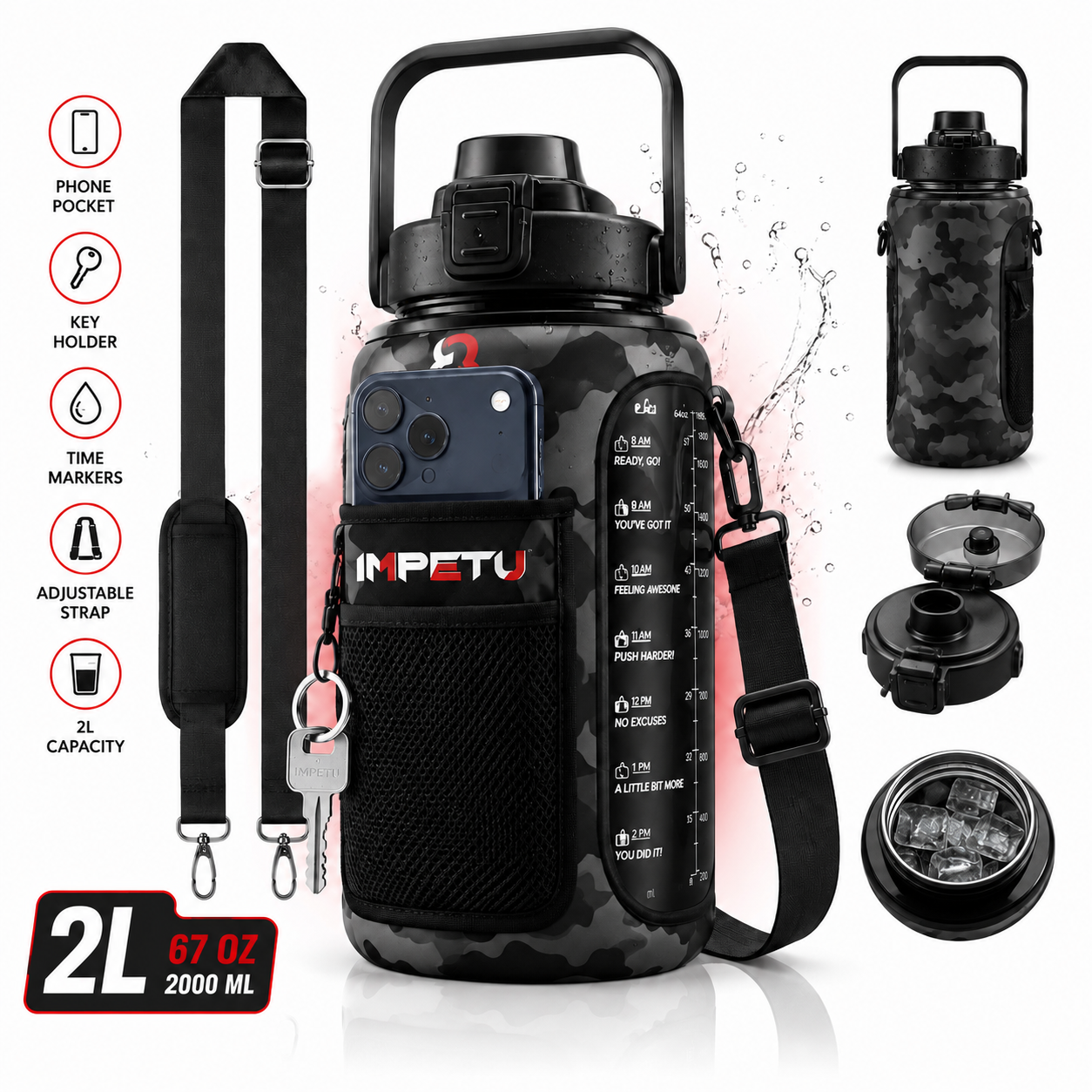 IMPETU 2L Motivational Water Bottle with Sleeve