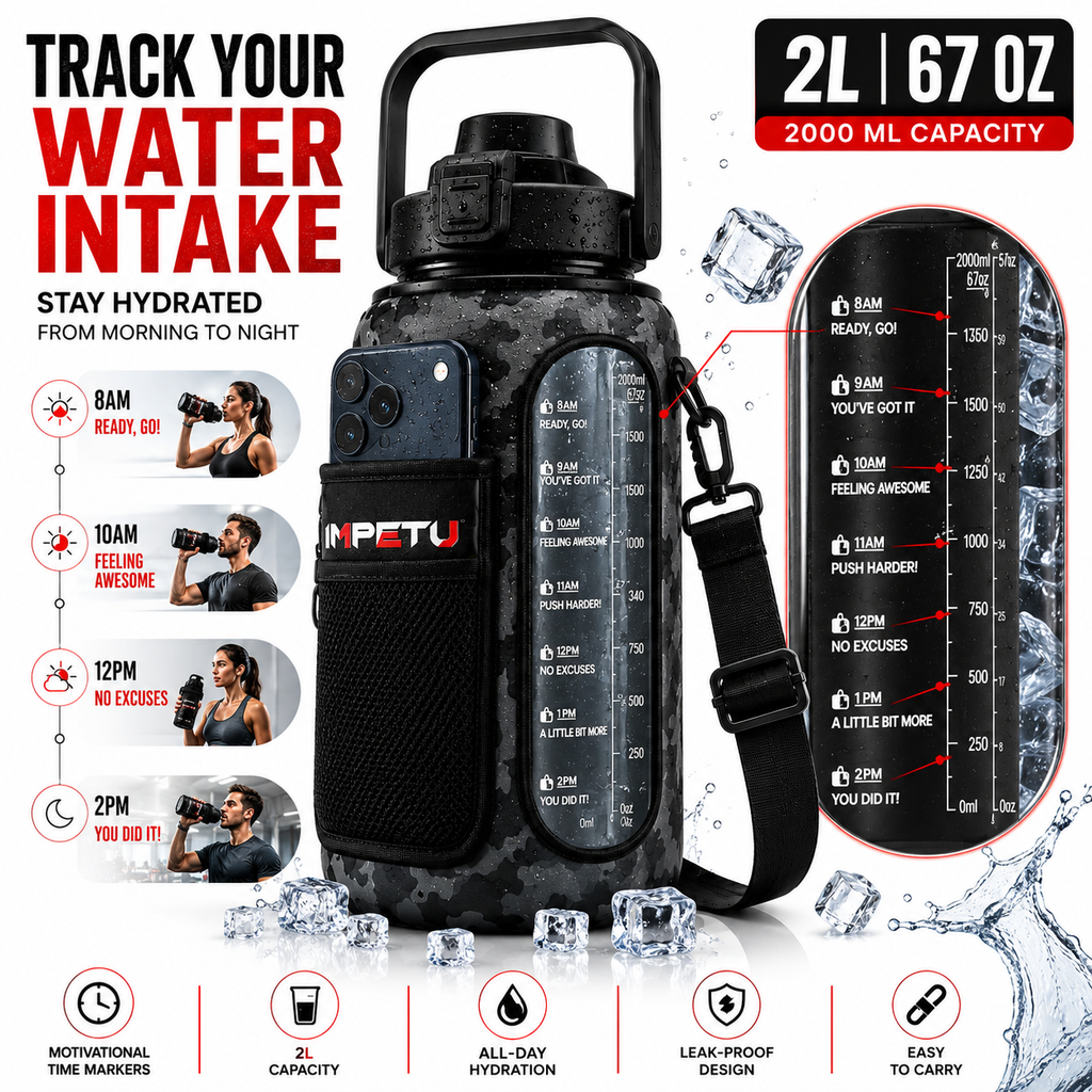IMPETU 2L Motivational Water Bottle with Sleeve