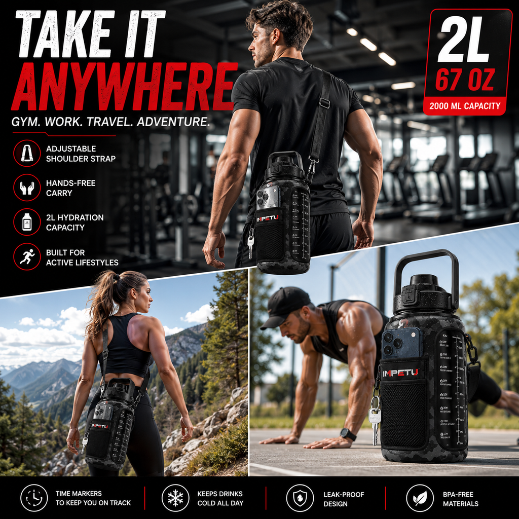 IMPETU 2L Motivational Water Bottle with Sleeve