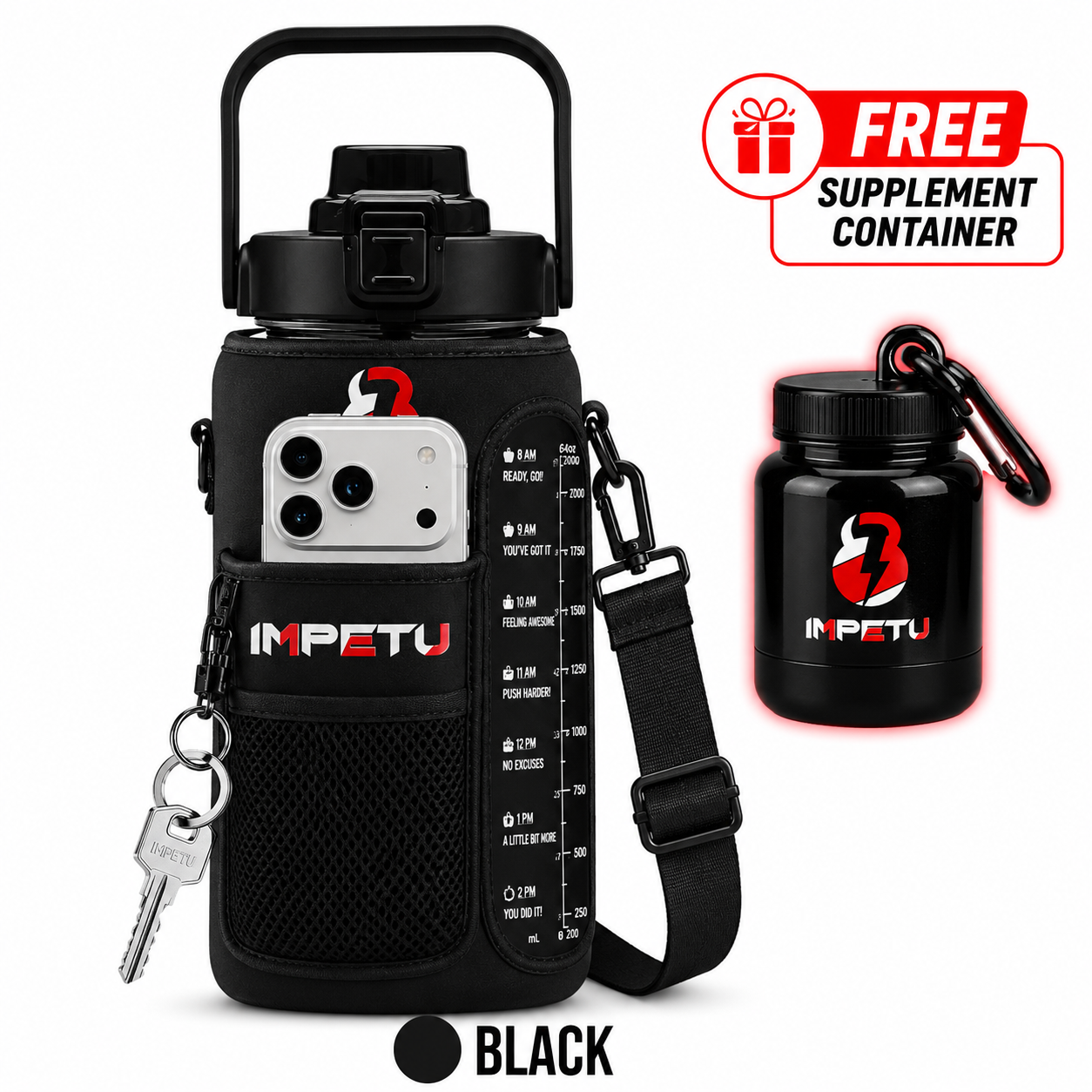 IMPETU 2L Motivational Water Bottle with Sleeve
